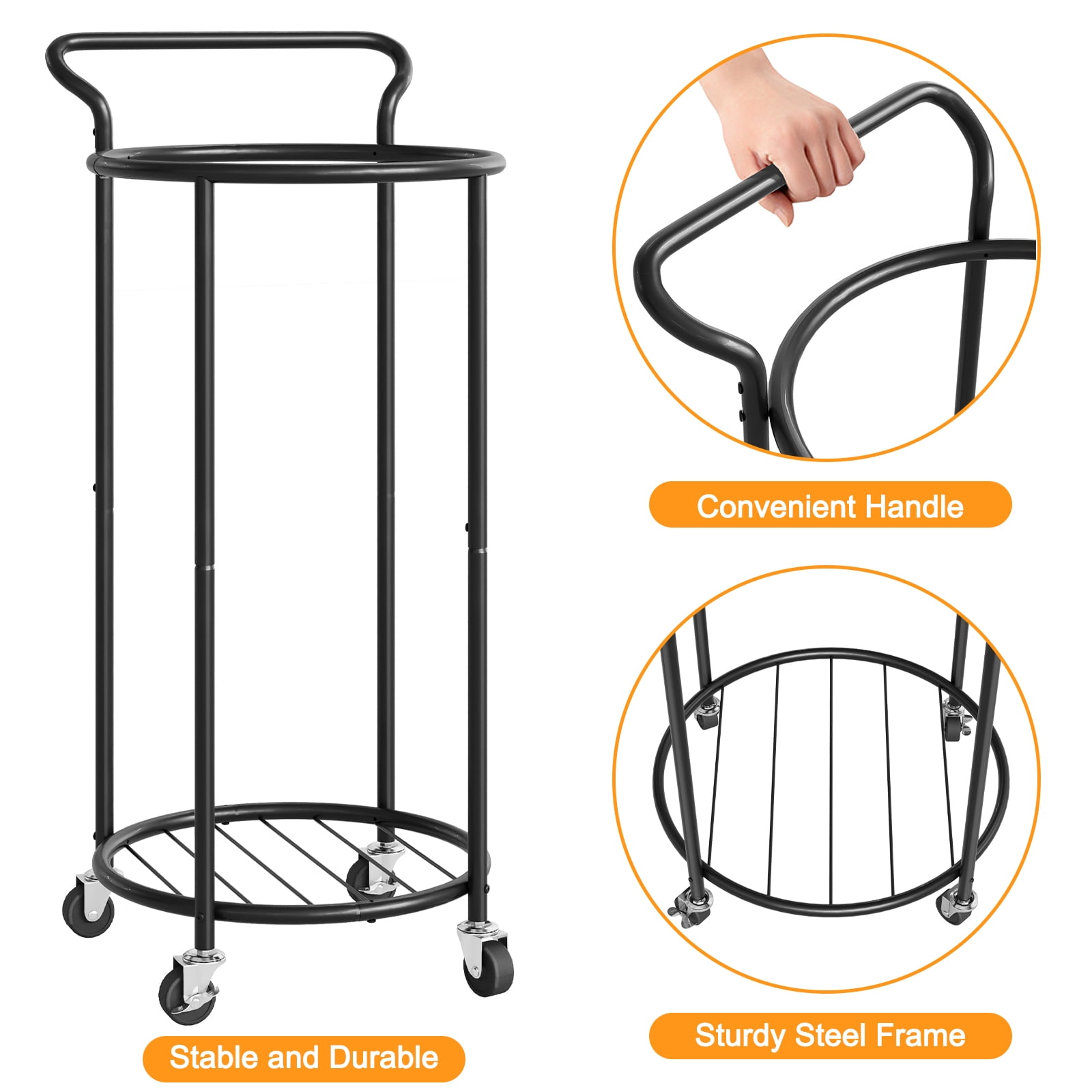 BGTREND 110L Rolling Laundry Hamper with Removable Bag, Round Steel Frame and Handle, Black