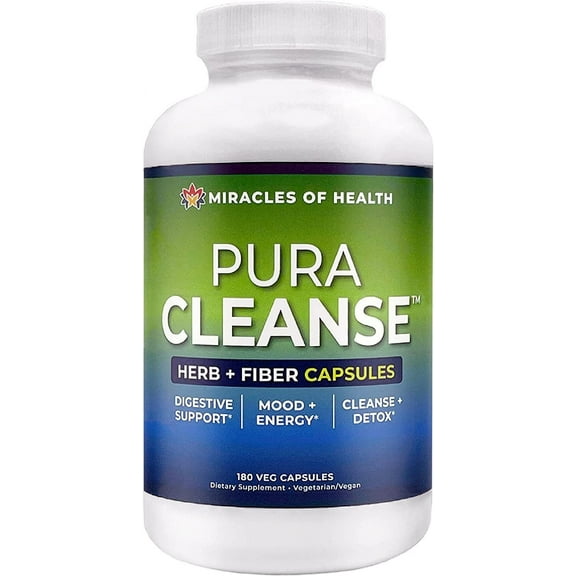 Miracles of Health Pura Cleanse Fiber Caps | 100% Natural Herb and Fiber Detox Capsules | Month Supply