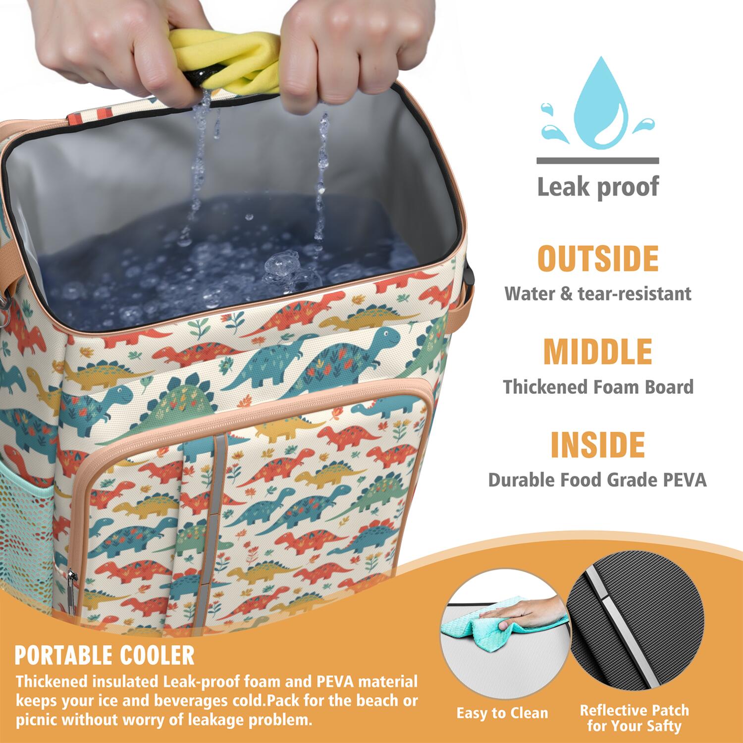 Travel Cooler Bag - Beige Cartoon Dinosaurs Flowers Pattern Camping Beer Cooler Backpack with Bottle Opener- Waterproof Insulated Picnic Backpacks - Cooler Bag for Beach