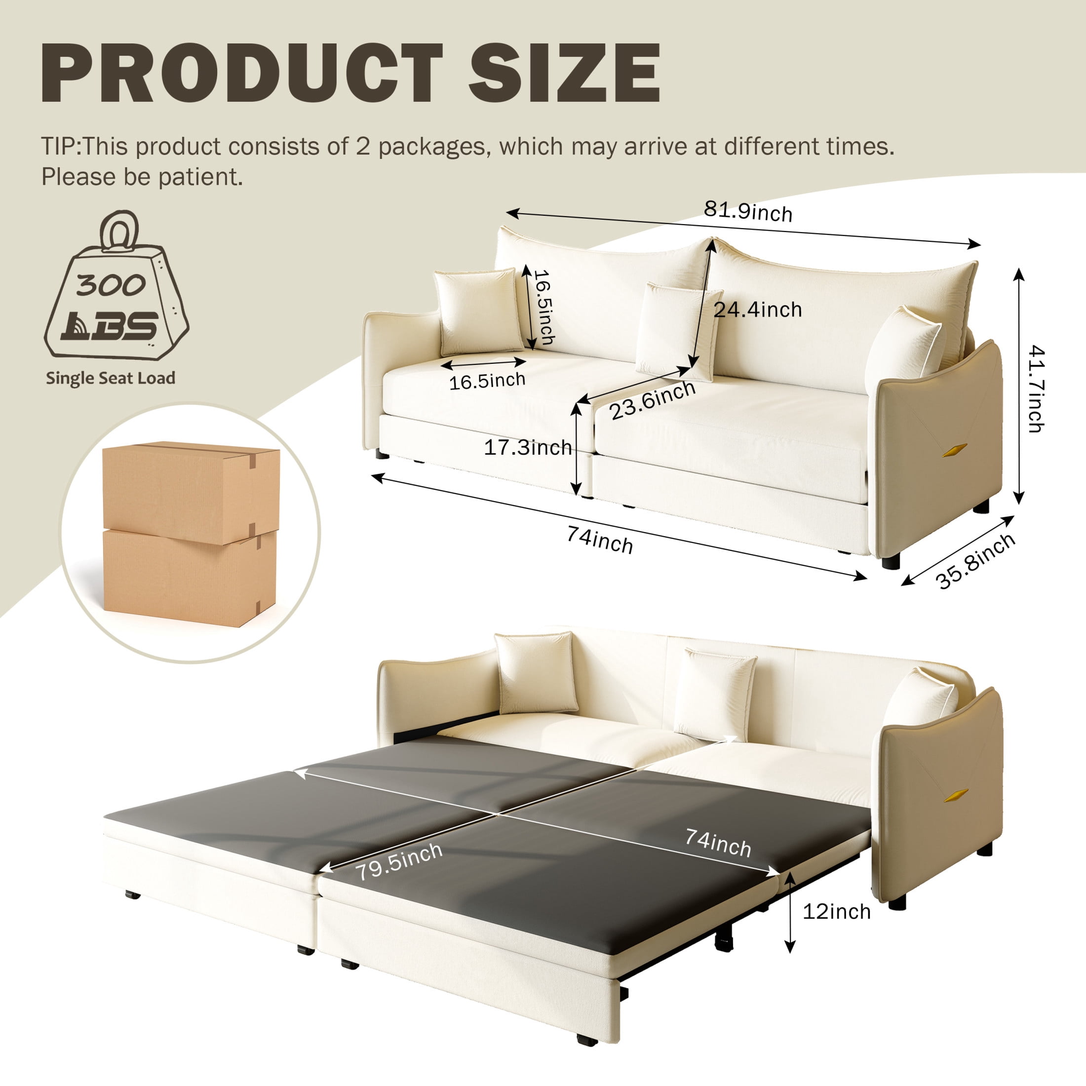 Noble House Abriel King Pull Out Sleeper Sofa Bed, Modern Velvet 3-in-1 Convertible Couch with Pillows, Beige White