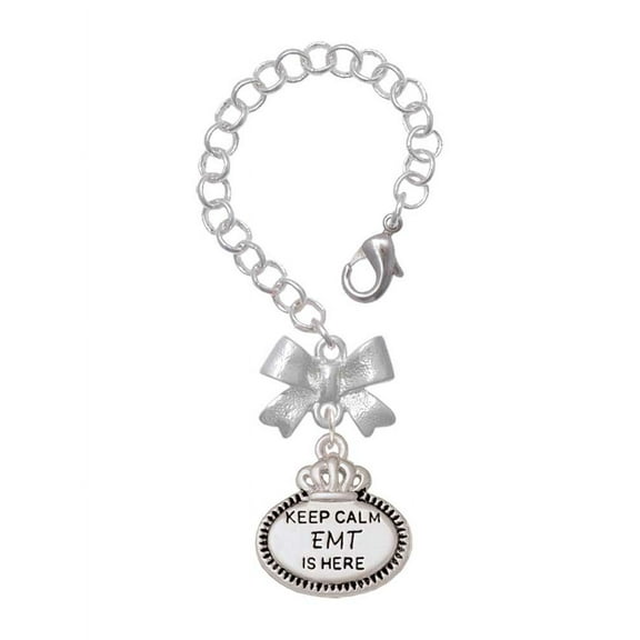 Delight Jewelry Silvertone Keep Calm EMT is Here - Silvertone Bow Charm Accessory for Tumblers and Thermal Cups