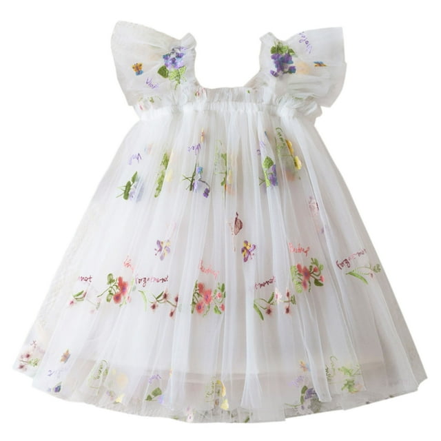Toimothcn Robes pour Filles Manches à Volants Décontractées Broderie Papillon Robe Douce Respirante Ample Été Robes de Princesse Loisirs Robe d'Été pour Filles