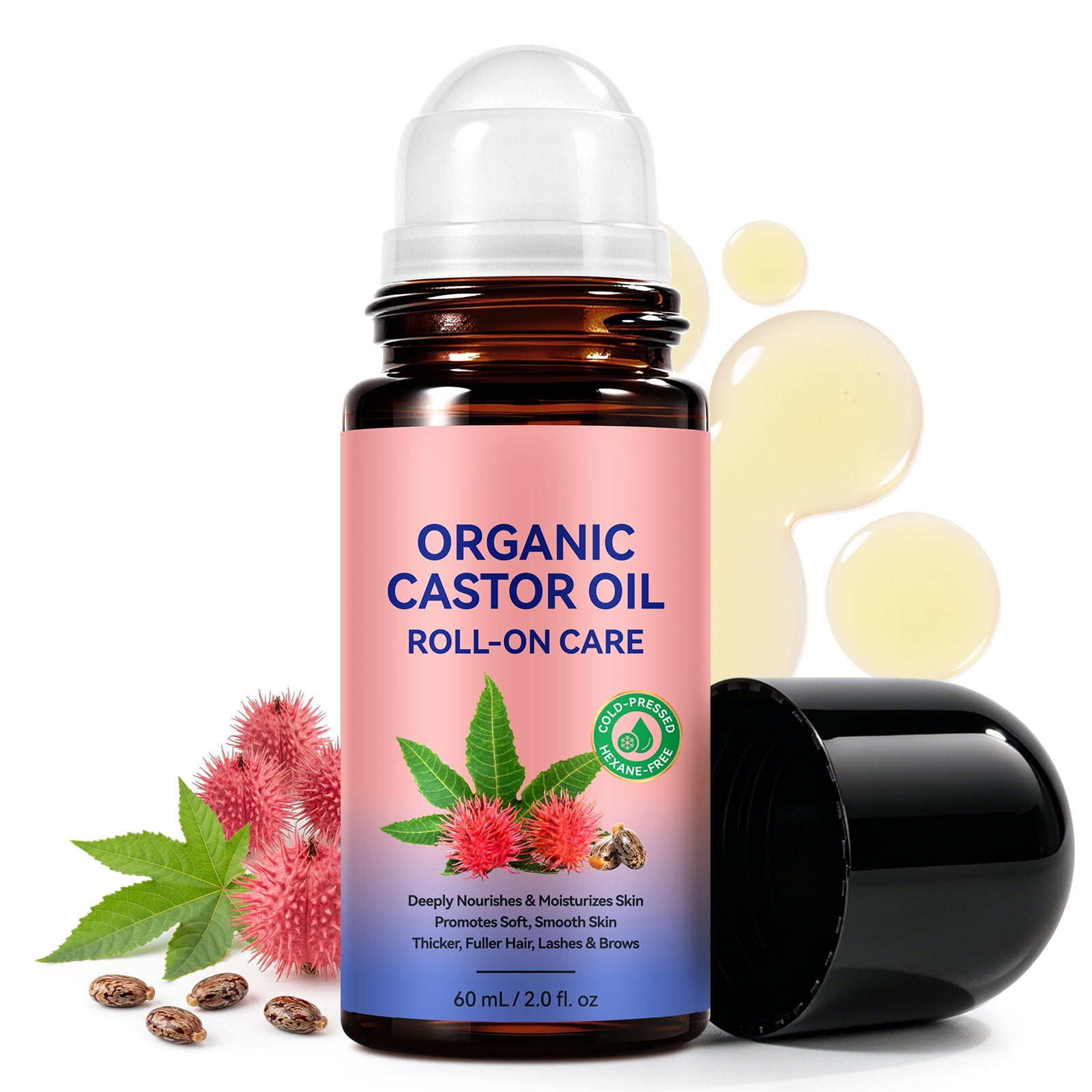 Organic Castor Oil Roll On, 100% Pure Hexane Free Cold Pressed for Skin, Body & Hair , 2 fl oz