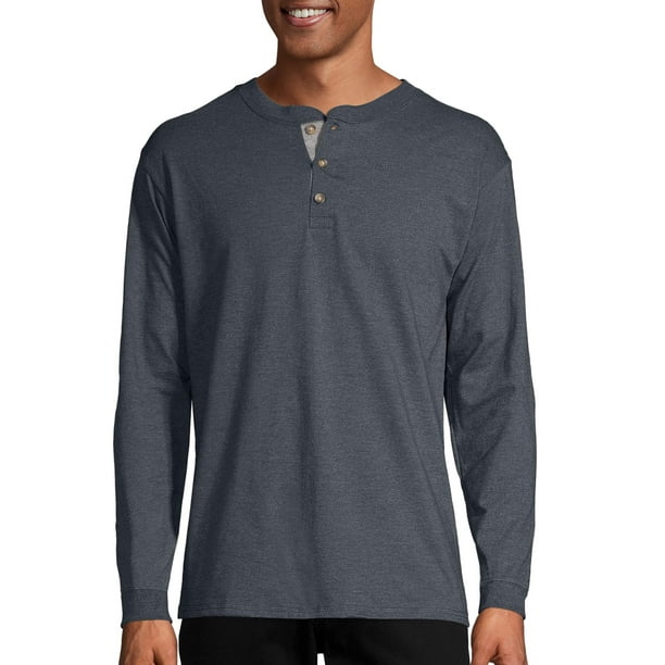 Hanes Men's and Big Men's Beefy Heavyweight Long Sleeve ThreeButton Henley, Up To Size 3XL