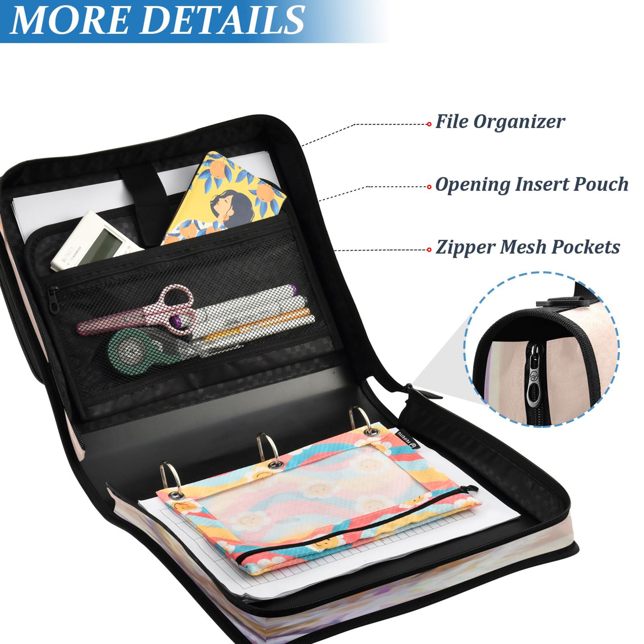 DIXRUYEE Zipper Binder trapper keeper Documents Organized Design Kitten & Bubble Printed