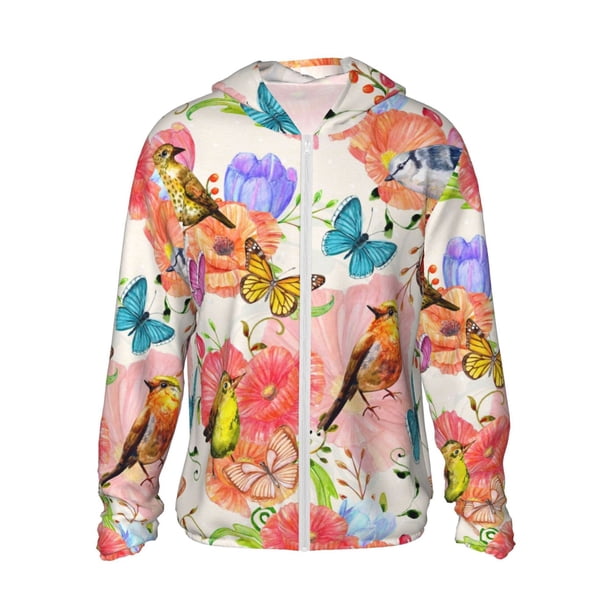 Balery Flowers And Birds Watercolor Sudadera ligera de manga larga con capucha y protección solar UPF 50+ para hombre y mujer, ideal para pesca y running-3X-Large