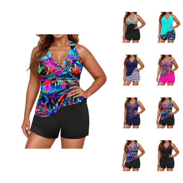 Womens Tankini Swimsuits 2026 Fashion Modest V Neck Crossover Top with Boy Shorts Two Piece Bathing Suits Woman