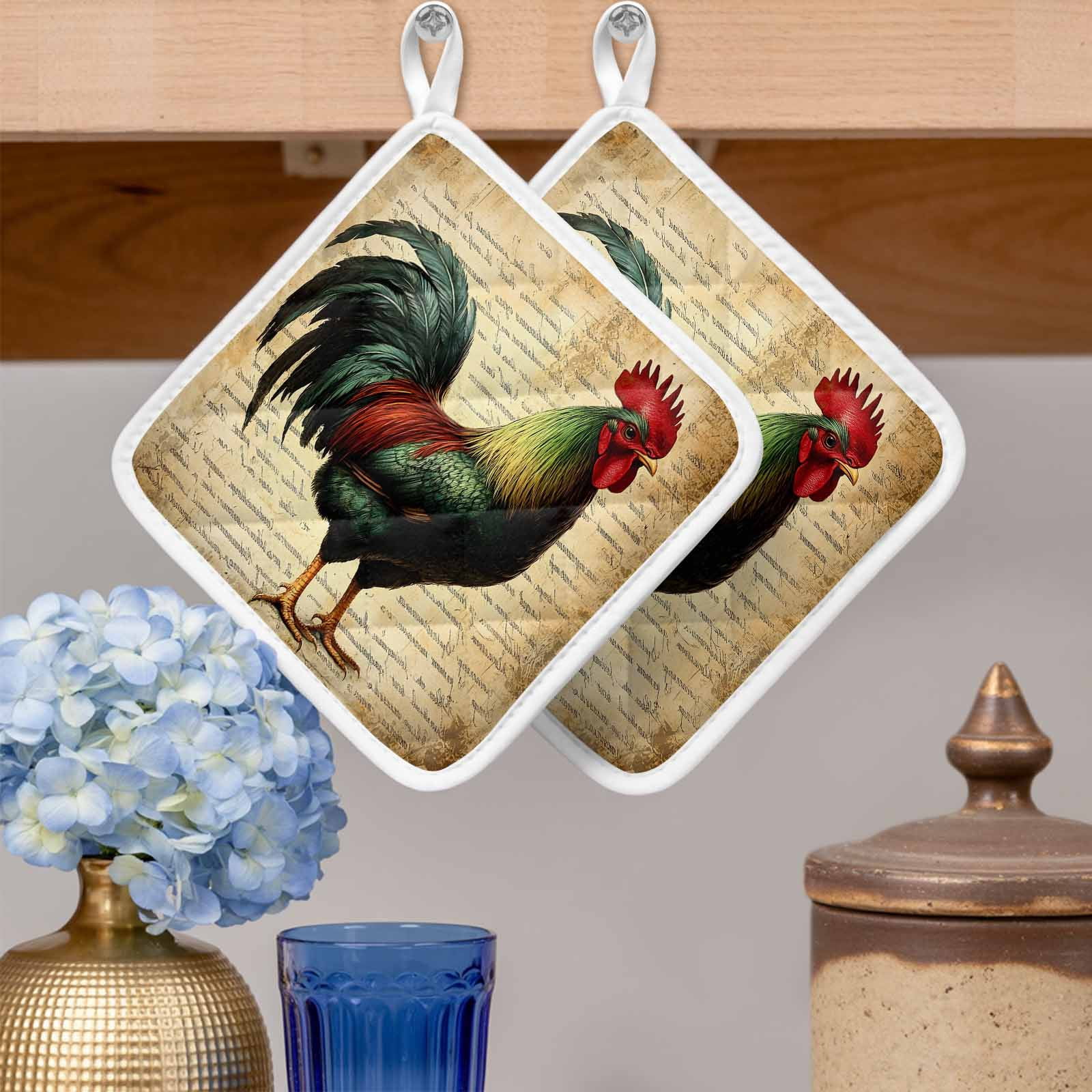 Retro Rooster Pot Holders for Kitchen Heatproof Potholder, 4 Pack Farmhouse Vintage Animal Watercolor Hot Pads Multipurpose Oven Pads Cloth Potholders Trivet for Cooking and Baking