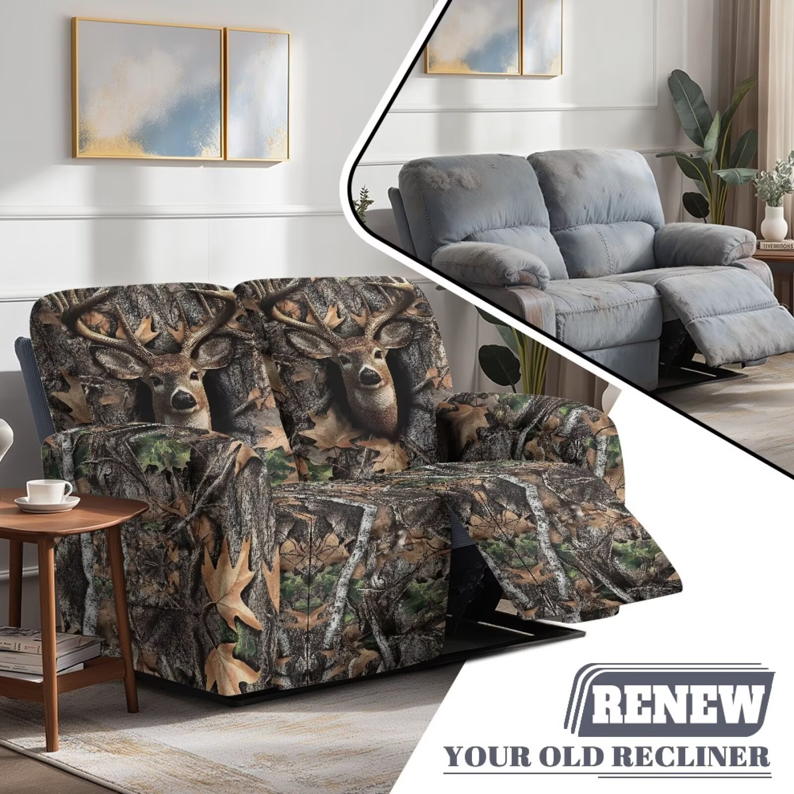 Yuyamidu Black Camo Loveseat Recliner Covers 2 Seater Hunting Branch Recliner Loveseat Slipcover with Elastic Edge Breathable Furniture Protector