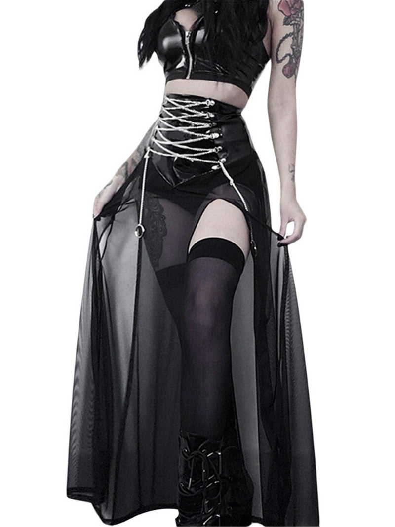 【perverze】 Slit Double Mesh Long T black Goth Double Slit Maxi Skirt for Women Punk Black See Through