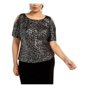 ALEX EVENINGS Womens Black Short Sleeve Jewel Neck Top Plus Size: 1X