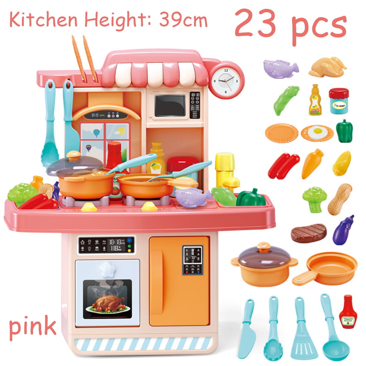 Kitchen Playset With Light Sound Effect Pretend Child Kids Play Toy Cooking Set 