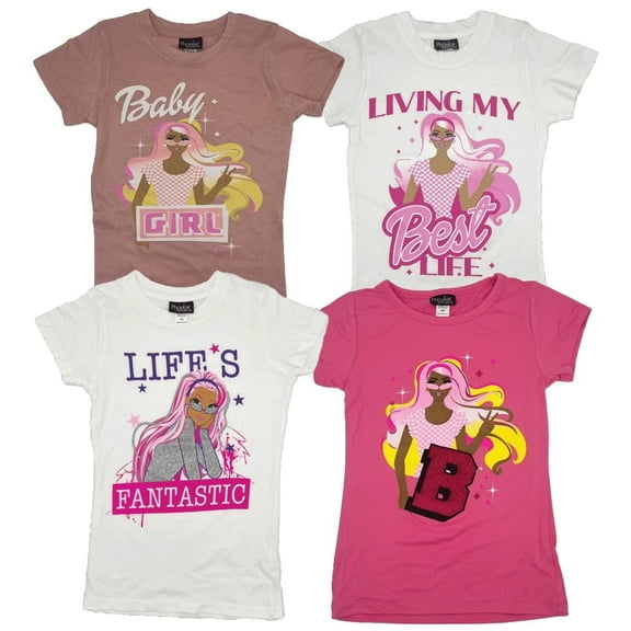 MISS POPULAR Girls 4-Pack Super Soft Short Sleeve T-Shirts Rainbow Butterfly Glitter Print Cute Design| Sizes 7-16