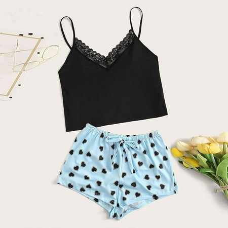 

sebulube Women Fashion Print Sexy Pajama Shorts Pajama Two Piece Set