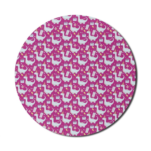 Dragon Mouse Pad for Computers, Birthday Themed Pattern with Funny Elements Gift Boxes Ribbons Cartoon, Round Non-Slip Thick Rubber Modern Mousepad, 8" Round, Magenta and Multicolor, by Ambesonne