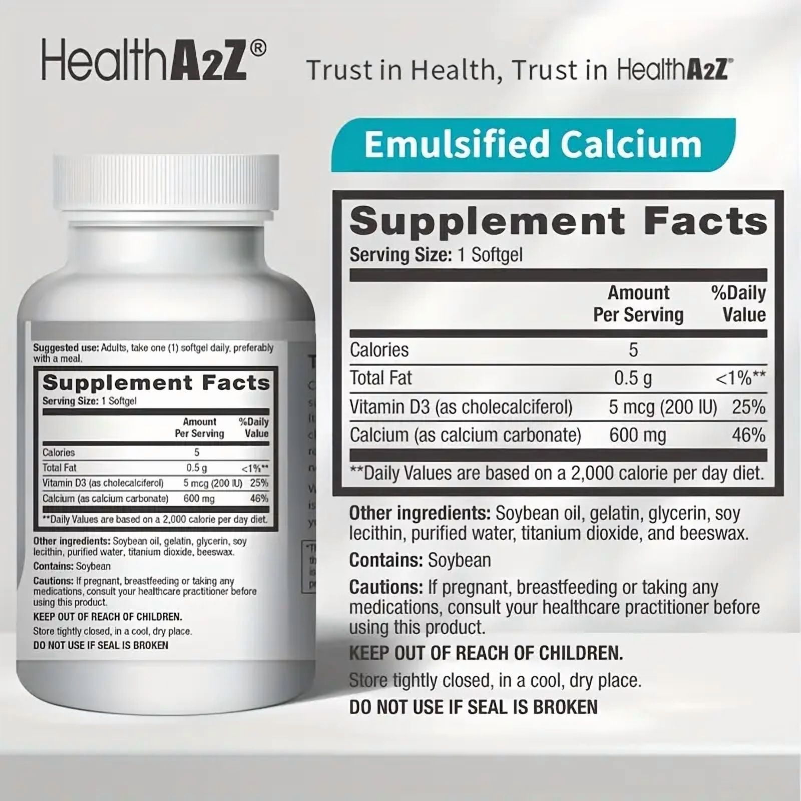 (2 pack) HealthA2Z Liquid Calcium 600mg With Vitamin D3 Softgels - Bone & Teeth Health - 100 Count