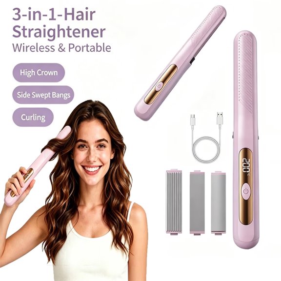 SH-RuiDu Cordless Hair Straightener, 3 in 1 Interchangeable Plates Curling Iron, Multi-Function Hair Curler with 3 Temp Settings & Fast Heating for Travel Hairstyling