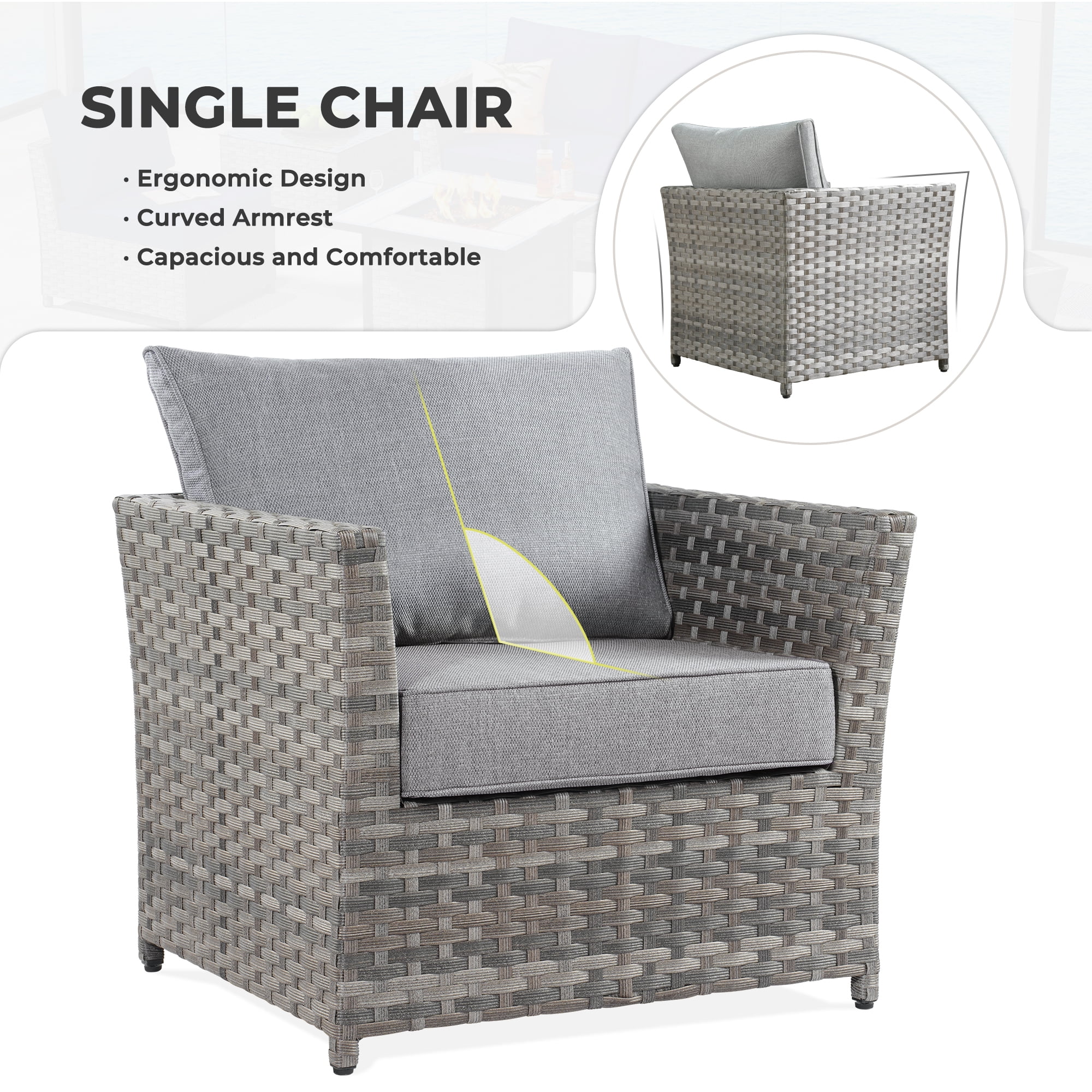 XIZZI 6-Pieces Outdoor Patio Furniture Sets Fully Assembled, Rattan All-weather Outdoor Sectional Conversation Sofa set with Coffee Table for Garden Backyard, Grey Cushion