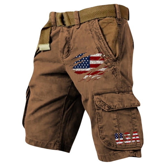 LWavelet Men's Distressed American Flag USA Print Cargo Shorts Multi-Pocket Casual Shorts with Belt Brown 2XL