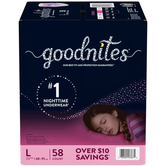 Ropa interior nocturna GoodNites talla grande para niñas, 58 unidades