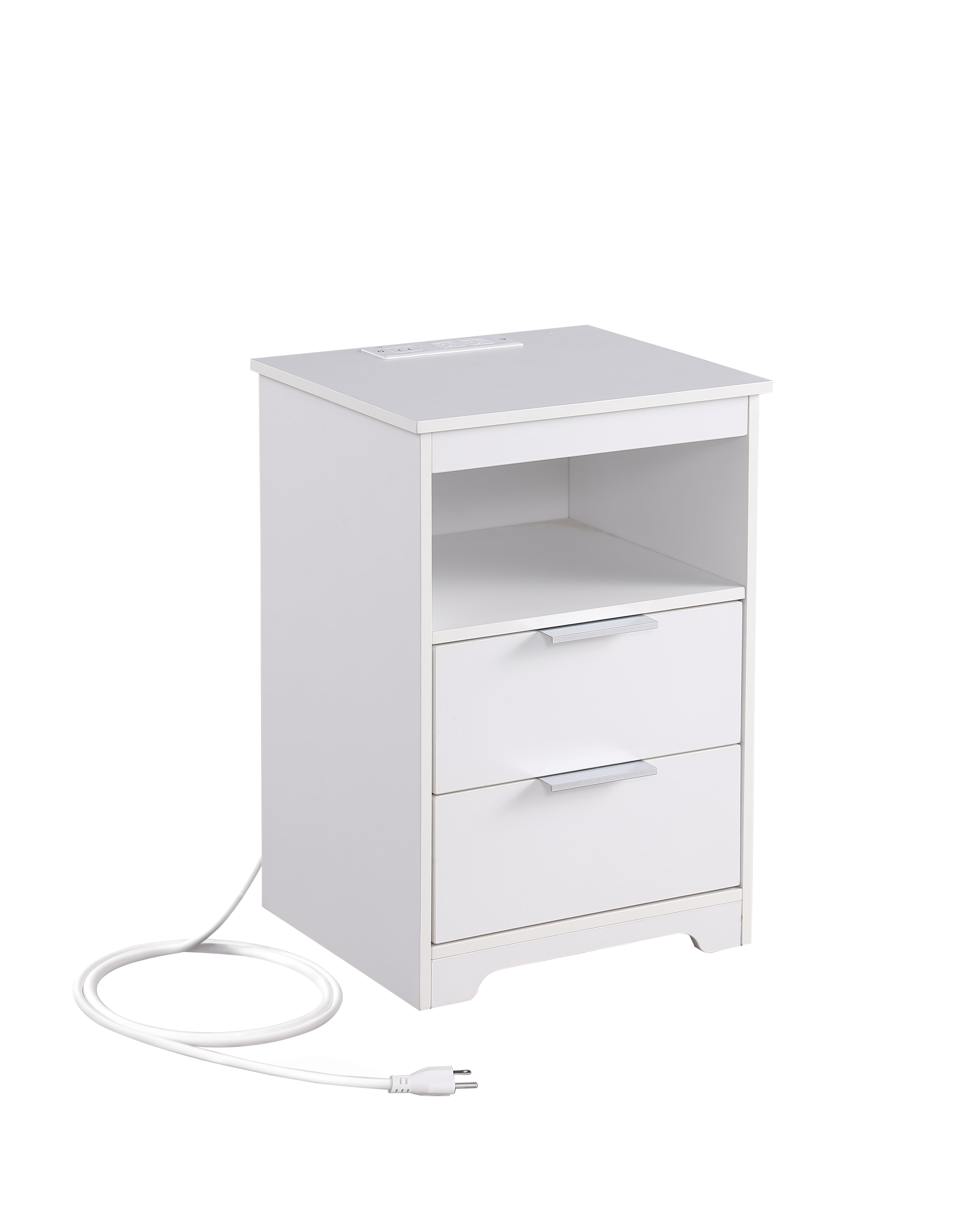 Nightstand with Charging Station,End Table with 2 Drawers,Wooden End Table with Drawer and Opening Shelf,Side Table for Bedroom, White