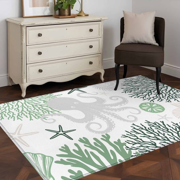 3'x5' Area Rugs, Green Grey Octopus Coastal Indoor Outdoor Area Rug for Living Room Bedroom, Nautical Coral Starfish Washable Bathroom Rugs Kitchen Floor Carpet Mats Home Decor Aesthetic