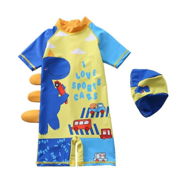 Newborn Baby Infant Boys Swimsuit with Hat Cartoon Print Short Sleeve Round Neck Jumpsuit Bathing Suit A6
