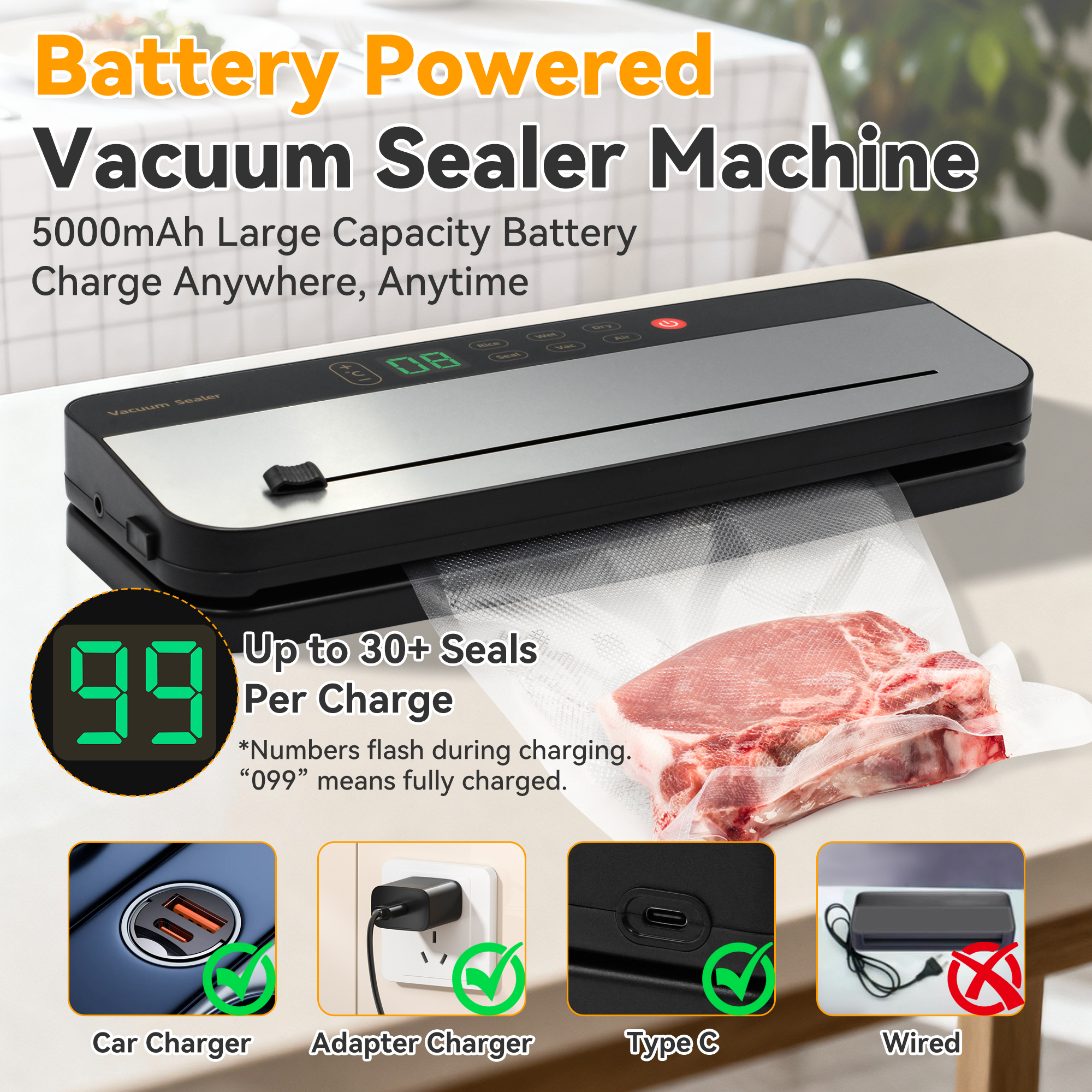 Food Vacuum Sealer Machine with 30 Vacuum Bags, 6 in 1 Rechargeable Vacuum Sealer with Dry & Moist Food Modes, Built-in Cutter, Detachable, Compact Food Sealer for Kitchen Travel Fridge Meal Prep