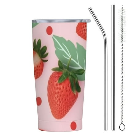 

Autua Strawberry Leaves Pink 20oz Stainless Steel Car Tumbler with Straw Push-Pull Cup Lid Reusable 20oz
