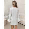 thumbnail image 3 of White Sequin Mini Dress With Feather Cuff, Round Neck Long Sleeve Straight Fit For Parties, 3 of 6