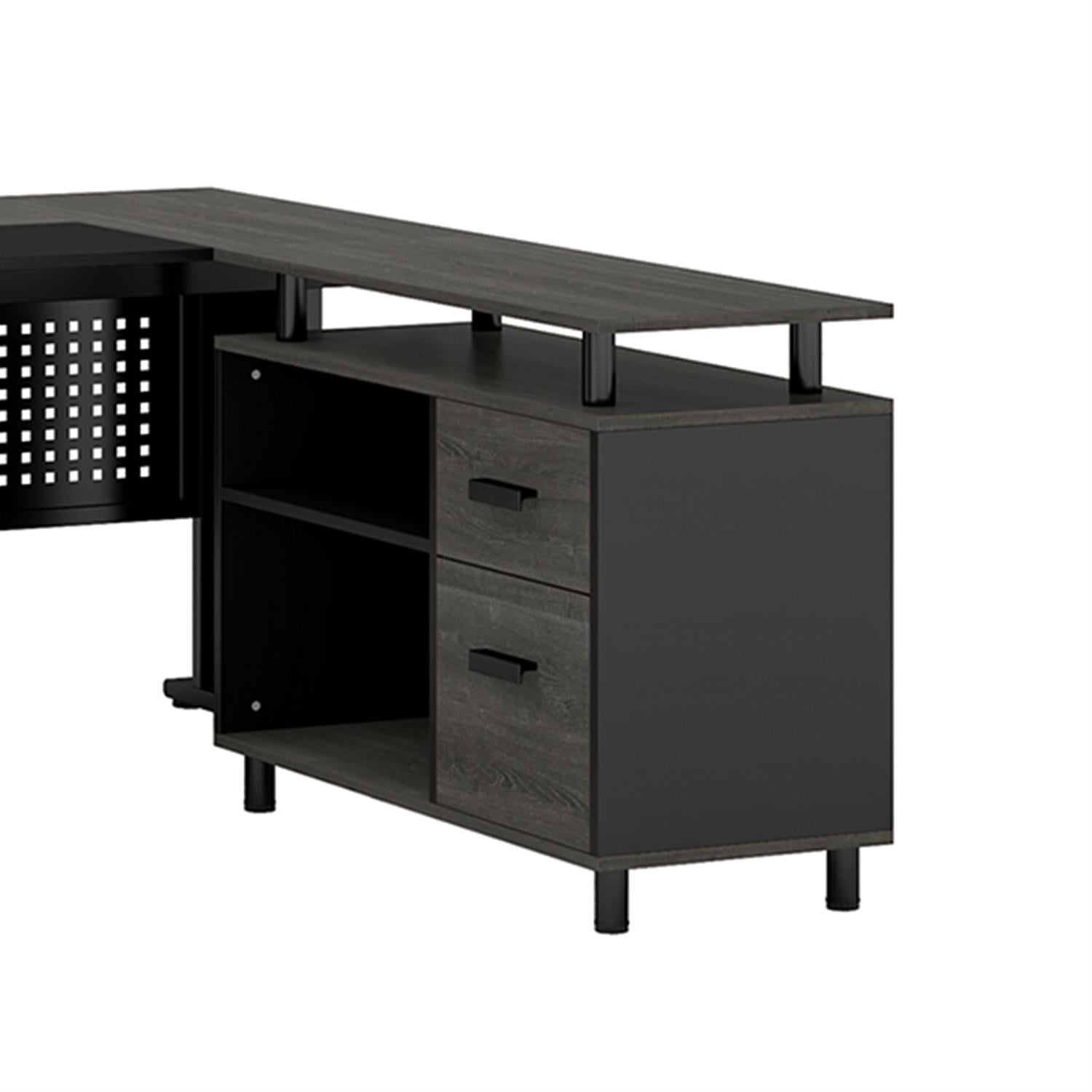 Demi Bonn 63" L-Shaped Computer Desk with File Cabinet and 2 Drawers, Corner Office Desk Study/Writing Table for Home Office Gaming, Gray & Black