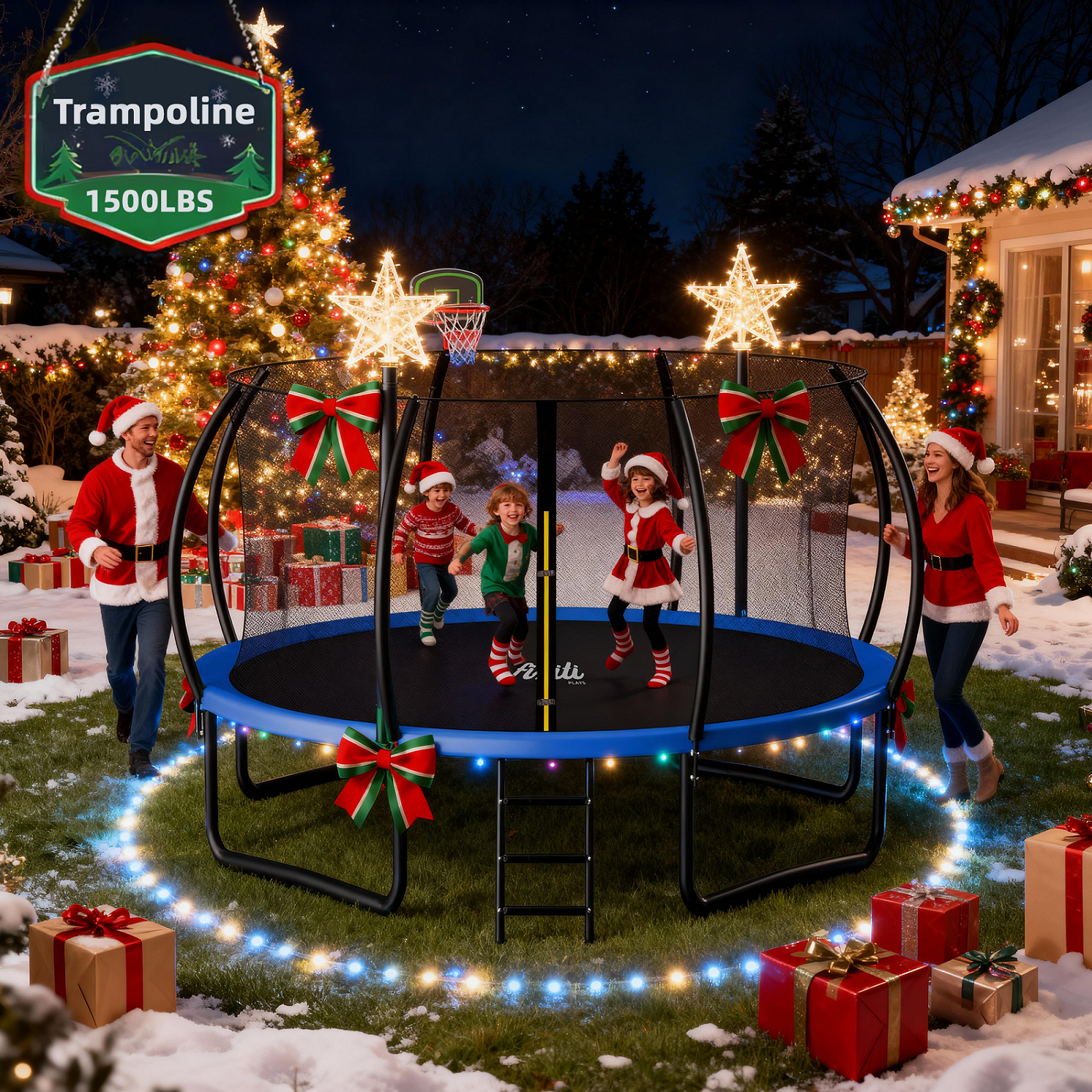 FIZITI 14FT 1400LBS Trampoline with Basketball Hoop for Kids,Pumpkin Outdoor Trampoline with Enclosure Net,Sprinkler,Light,Socks,Ladder, Recreational Backyard Trampoline Capacity for 7-8 Kids,Blue