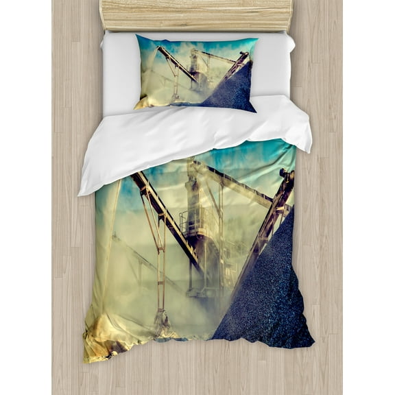 Industrial Duvet Cover Set, Rock Stone Crushing Machine Open Pit Mining Quarry Sand Dust Photo, Decorative 2 Piece Bedding Set with 1 Pillow Shams, Twin Size, Blue Pale Yellow Black, by Ambesonne