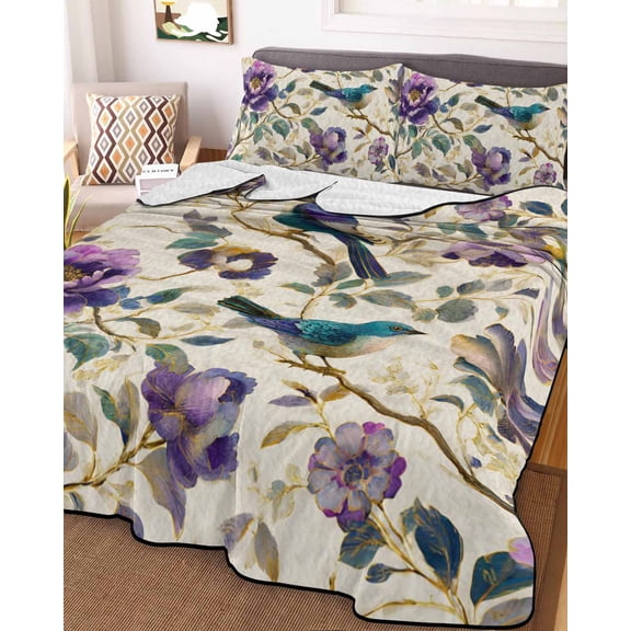 Farmhouse Flowers Twin Size Down Alternative Comforter, Lightweight Comforter Quilt Bedding Set with Pillow Shams Country Spring Floral Branches Birds All Seasons Bed Comforter Duvet Insert 68"x86"