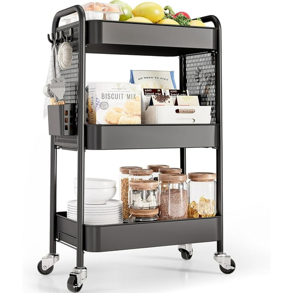3 Tier Rolling Cart Storage Organizer, Metal Rolling Utility Car with Wheels, Hooks & Bins Esthetician Art Sturdy Storage with Pegboard for Bathroom, Kitchen, Office, Nursery Diaper