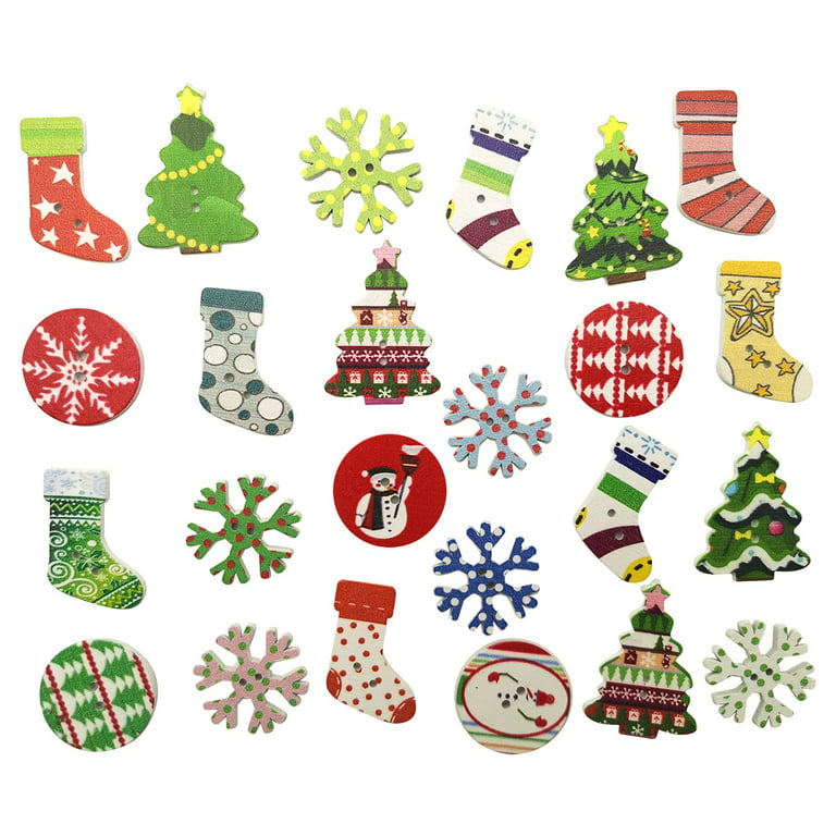 100Pcs Wooden Christmas Buttons for Crafts Wood Snowflake Craft Buttons  Bulk Assorted Shapes Christmas Button for Crafting