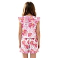 thumbnail image 2 of ZIATUBLE4S Pink Hibiscus Flower Print Girls Summer Playsuit Button Front One-Piece Short Jumpsuit Ruffle Trim Big Kids Casual Romper with Pockets for 11-12 Y, 2 of 6