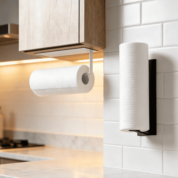 2 Pack Paper Towel Holder Self-Adhesive Wall Mounted Paper Towel Rack for Kitchen Heavy Duty Carbon Steel Paper Towels Rolls Holder Under Counter for Bathroom Cabinets Towel Bar Rack (Black White)