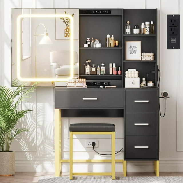 Vanity Desk with Mirror and Lights, Makeup Vanity Desk with Sliding LED Lighted Mirror, Power Outlet, Makeup Vanity Set with 4 Drawers, Storage Shelves, Cushioned Stool for Bedroom