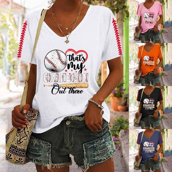 Women's Summer Tops BWASD V Neck Short Sleeves Baseball T Shirt Ballgame Graphic Casual Trendy Loose Blouses Dressy for Sports Game Day White S-XXL