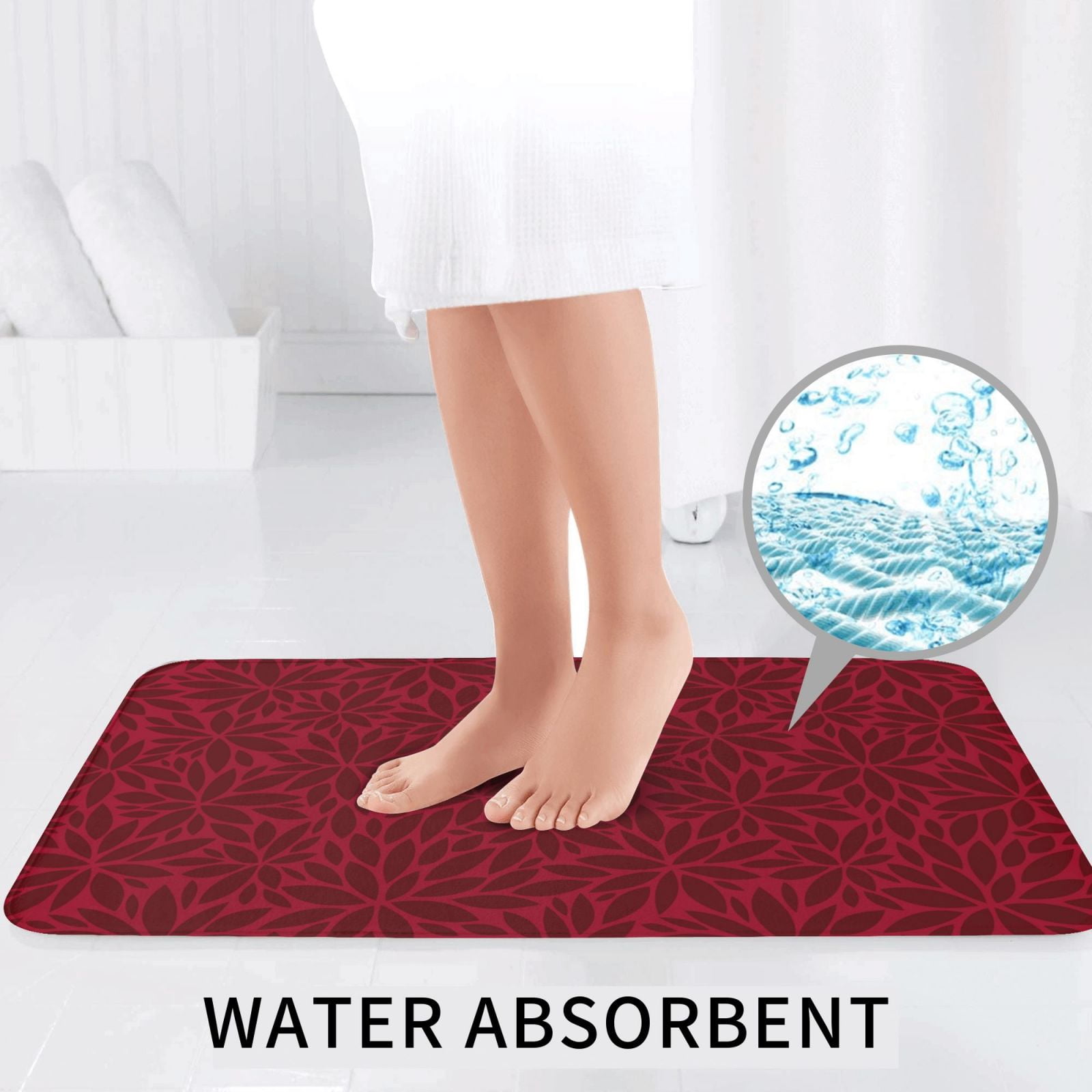 Bathroom Rugs Sets 3 Piece - Burgundy Floral Absorbent Non Slip Bath Mats, U-Shape Toilet Lid Cover, Contour Mat, Soft Washable Shower Mats Bath Rug Mat for Bathroom Tub Toilet