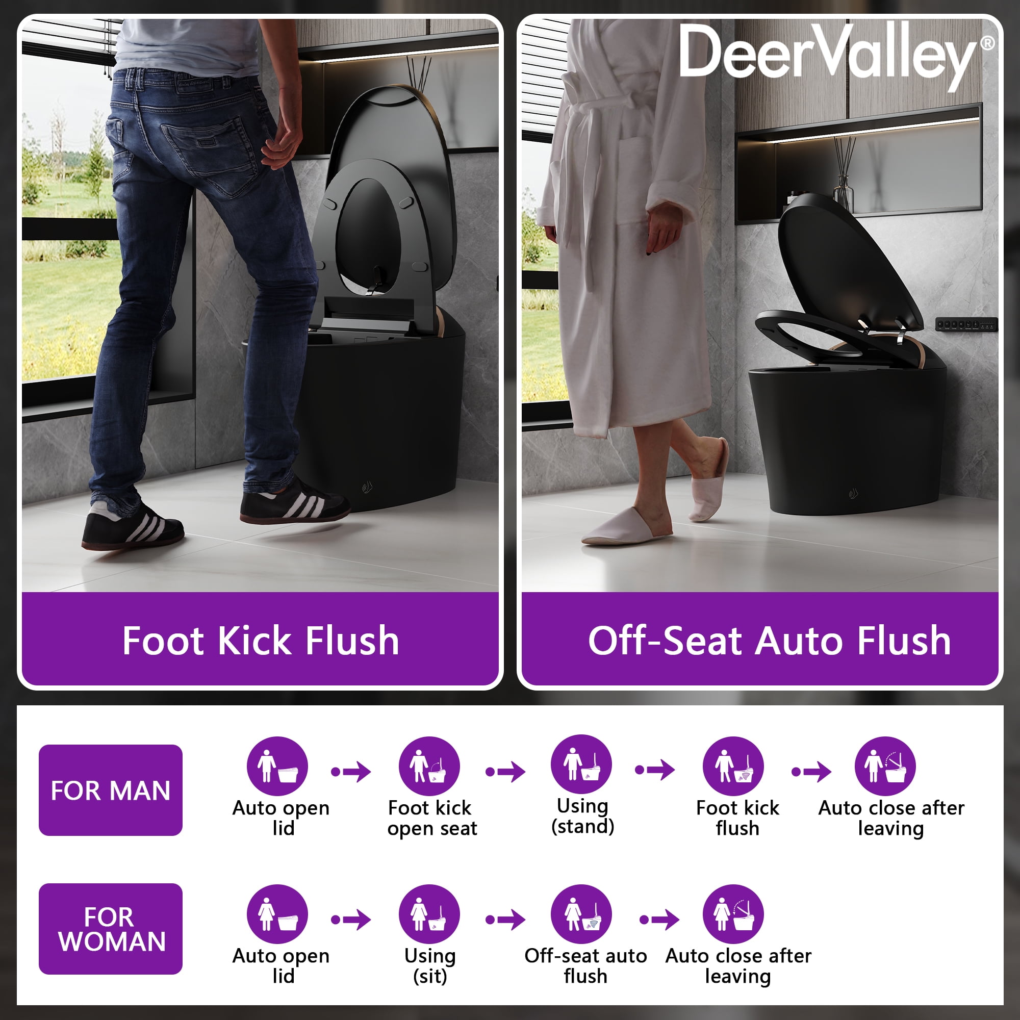 DV-1S0160B-V3 Smart Bidet Toilet, Auto Open & Close, Heated Seat, Warm Water, Wireless Remote Control, Premium