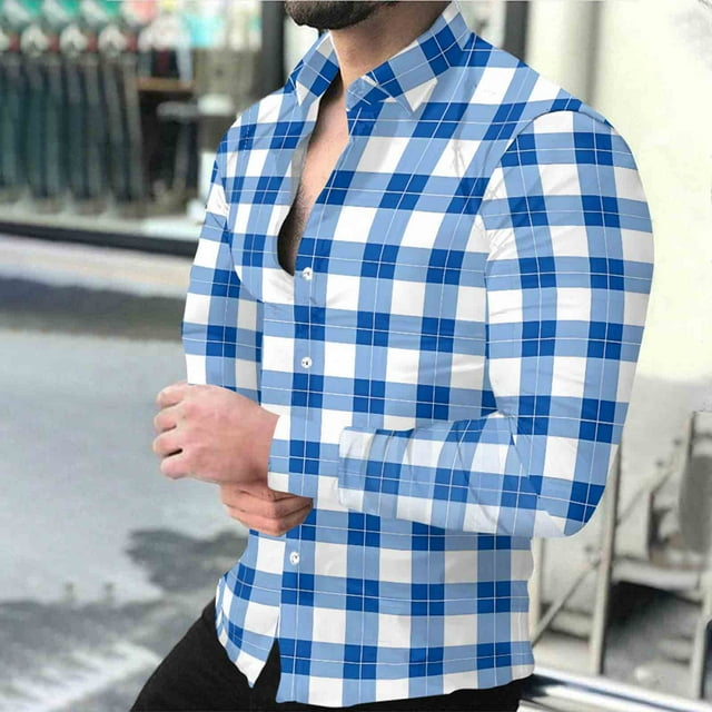 Timdgard Button down Shirts for Men Fall Plaid Lapel V Neck Long Sleeve Shirts Work Casual Tops