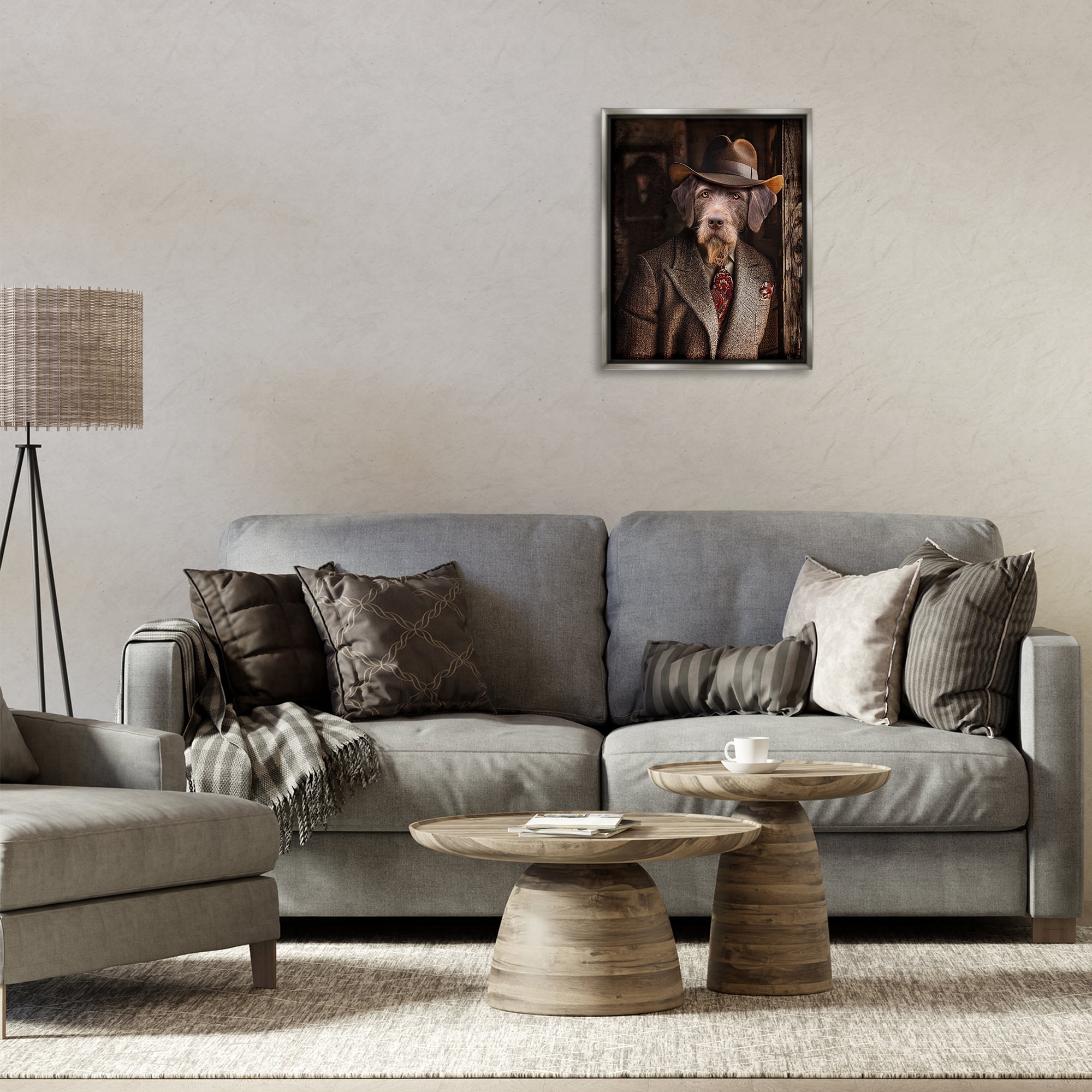 Stupell Industries Classic Dog in Suit Animals & Insects Painting Gray Floater Framed Canvas Art Print Wall Art, 17 x 21
