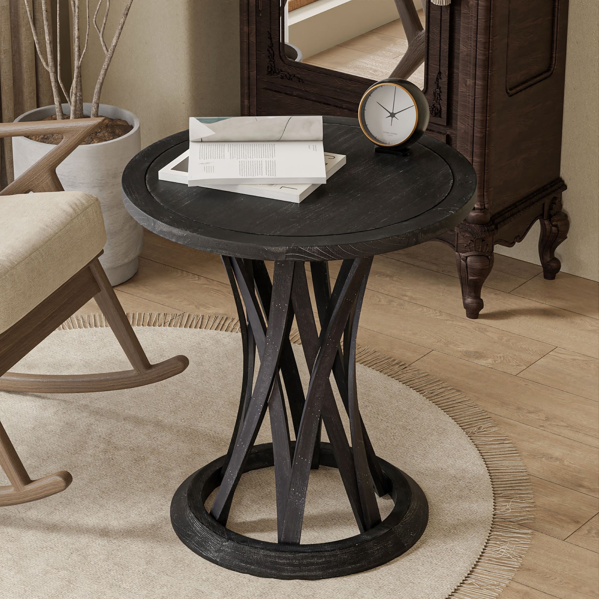 COZAYH Round Farmhouse End Table with Crisscross Pedestal Base, Distressed Finish Side Table Rustic Accent Table for Living Room, Pine Wood, Black