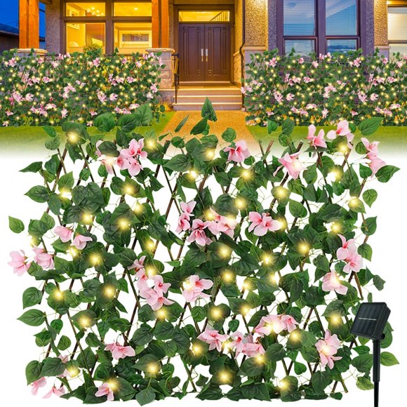 DEBGFS Expandable Fence with Solar Light String Stretchable Flower Privacy Fence Faux Ivy Fence Panel Backdrop Artificial Hedges Fence Screen Leaf Decor for Outdoor Garden Balcony Patio Backyard