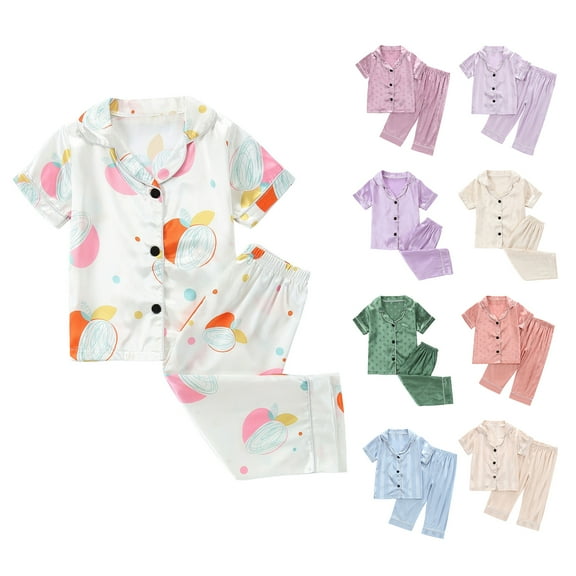 Bovxnpu Boys Girls Satin Pajamas Sets, Toddler Girls Button-Down Sleepwear 2 Piece Loungewear Set, Solid Color Stripe Short Sleeved Home Wear Clothes Suit 3 Years