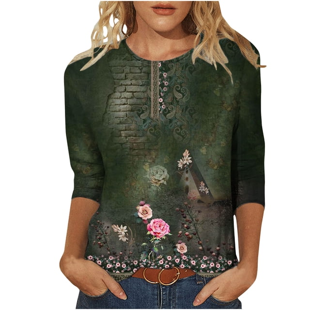 Pompotops T-shirt Mode Imprimé Ample Manches 3/4 Blouse Col Rond Tops Décontractés Liquidation