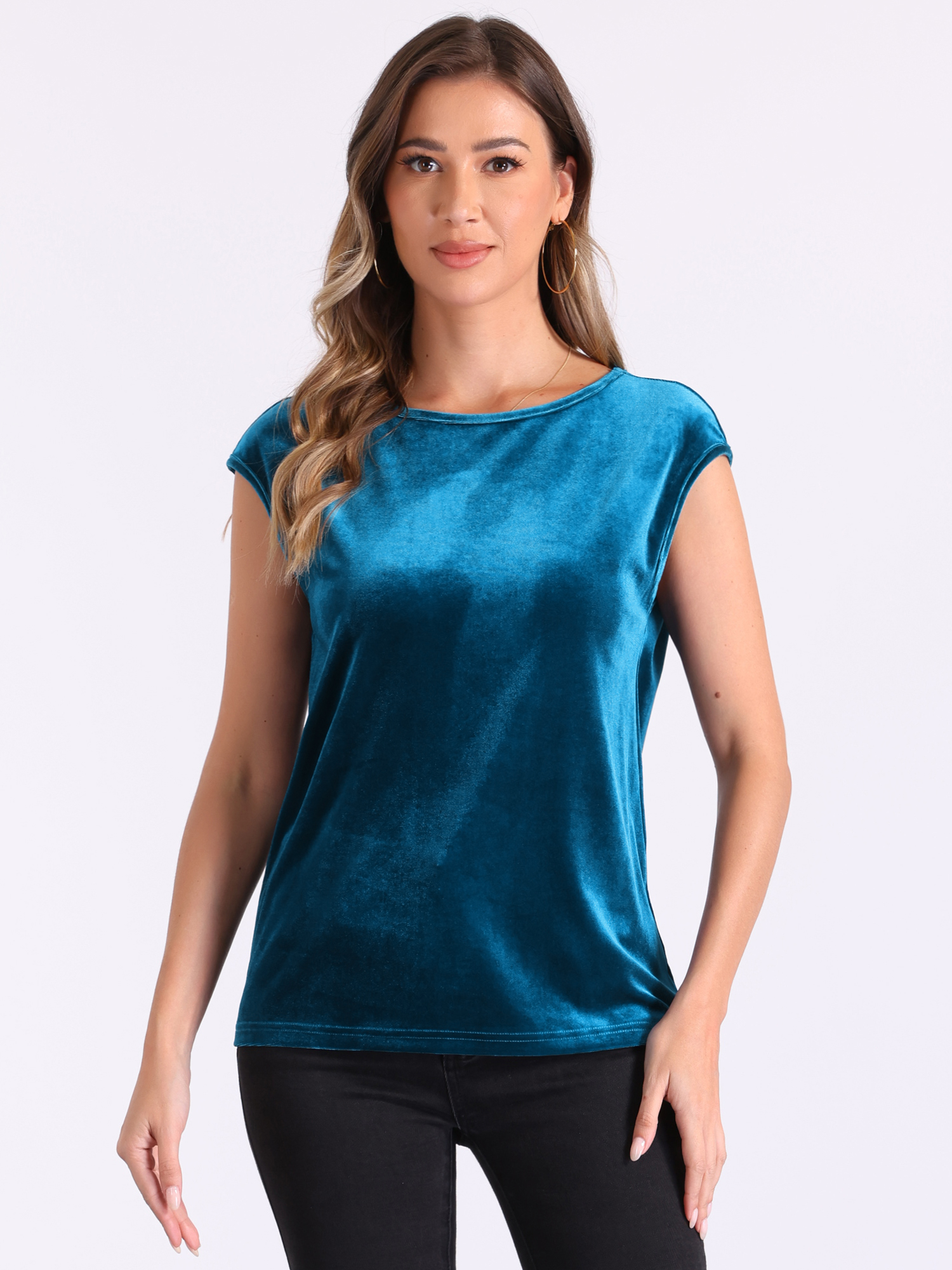 DARING DIVA Women's Velvet Christmas Party Crew Neck Cap Sleeve Top M Peacock Blue