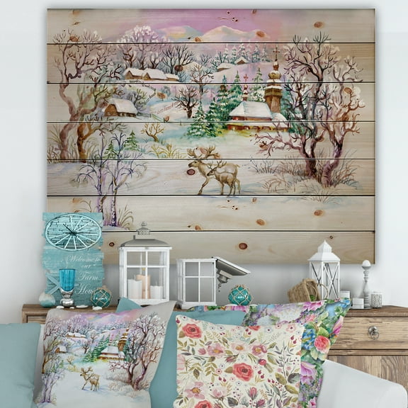Designart 'Winter VIllage Life Landscape' Traditional Print on Natural Pine Wood